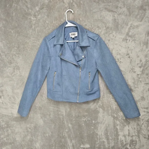 BB Dakota Steve Madden Faux Suede Moto Jacket Blue Women's Size M Streetwear - Picture 1 of 8